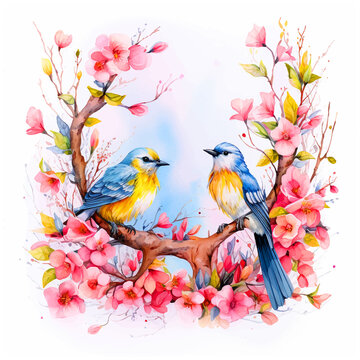 Birds on tree branches watercolor paint