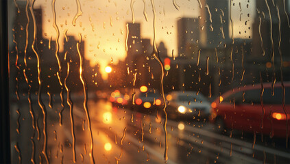  Rain drops on the window with blurred background of the city and traffic