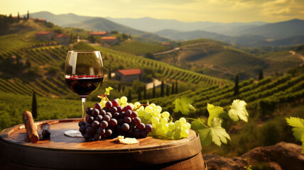 Red wine with barrel on vineyard in green Tuscany. - obrazy, fototapety, plakaty