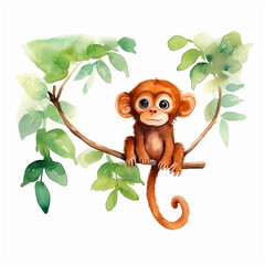 Naklejka premium Monkey hanging on a tree branch watercolor paint