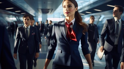 Smiling female flight attendant. Woman in uniform. Successful woman. Air travel.