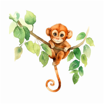 Monkey hanging on a tree branch watercolor paint
