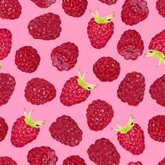 Seamless pattern with ripe raspberries on a pink background 