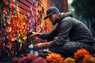 A graffiti artist creating a stunning piece of urban art on a brick wall. Concept of graffiti...