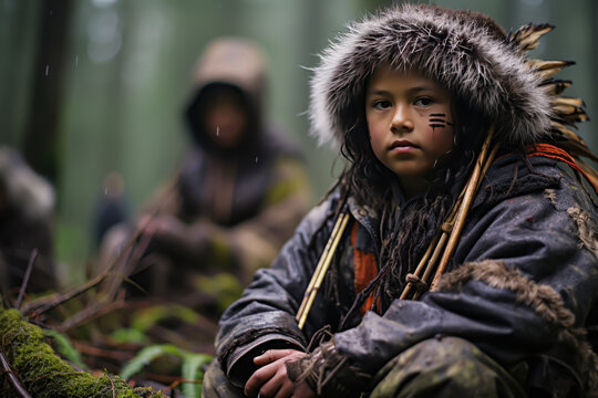 american indian boy is posing in the forest