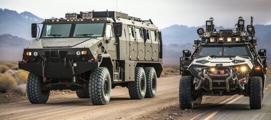an armored truck and an armored car are on the road in the desert, cinematic scene style - obrazy, fototapety, plakaty