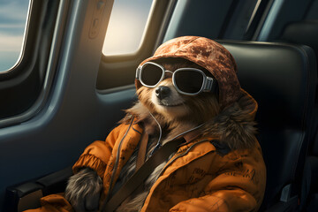 Funny sloth in modern clothing traveling with plane, sitting near window.