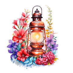  Lamp surrounded by flowers watercolor paint 