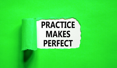 Practice makes perfect symbol. Concept words Practice makes perfect on beautiful white paper. Beautiful green background. Business practice makes perfect concept. Copy space.