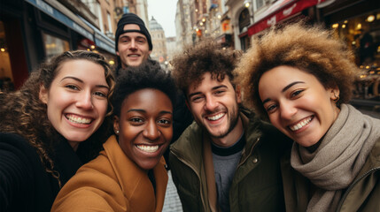 Fototapeta premium Portrait of smiling friends taking selfie on smartphone in city, low angle view