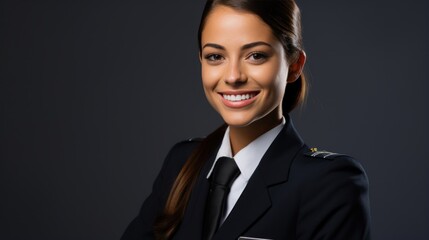 Smiling woman in a flight attendant uniform on a plain background. Woman in uniform. Successful woman. Air travel.