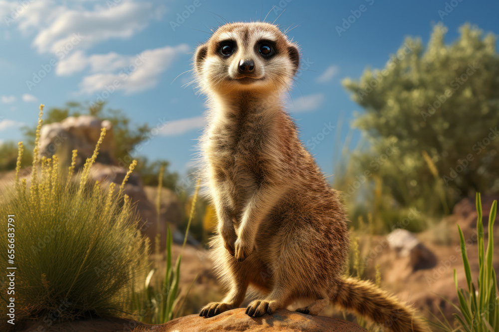 Wall mural a curious meerkat standing tall and vigilant, its comically alert posture contrasting with its tiny 