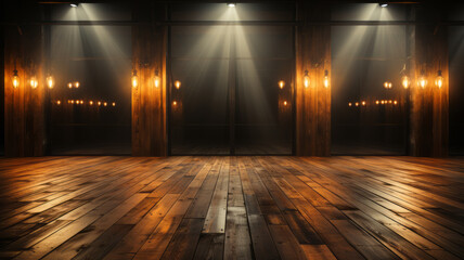Room with wooden floor lighted with spotlights