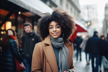 Fototapeta premium Portrait of a beautiful young black woman standing on the city street, winter time