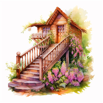 Wooden house surrounded by flowers watercolor paint 