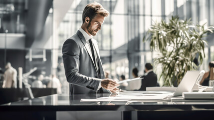 a business man in the office, reviewing some documents standing at a desk,