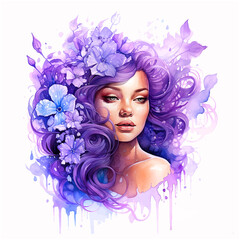 Beautiful woman surrounding by purple flowers watercolor paint 