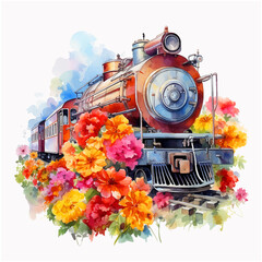  Vintage train surrounded by flowers watercolor paint