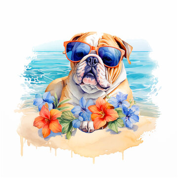 Bulldog with sunglasses in beach watercolor paint