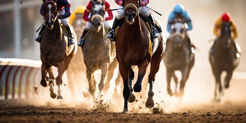 AI Generated. AI Generative. Jorse race competition gampling action. View from bottom on horse legs hoof. Sport animal background