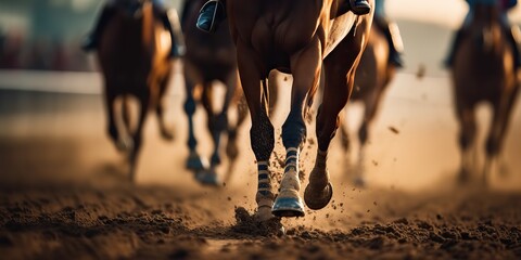 AI Generated. AI Generative. Jorse race competition gampling action. View from bottom on horse legs hoof. Sport animal background - obrazy, fototapety, plakaty