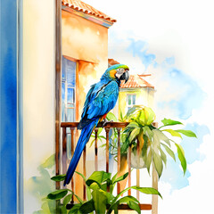 Parrot standing on the railing watercolor paint