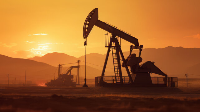 Silhouette of Crude oil pumpjack rig on desert silhouette in evening sunset, energy industrial machine for petroleum gas production