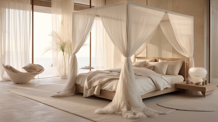 a serene bedroom with a canopy bed and soft textiles, illustrating the concept of a peaceful sleep sanctuary