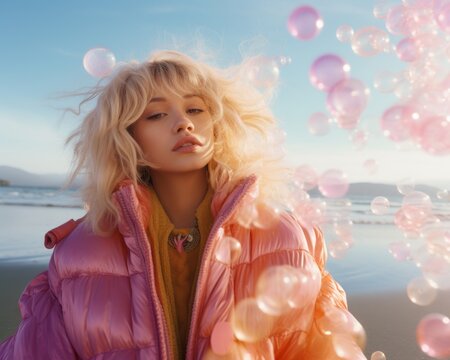 A lone woman stands amidst a sea of colorful bubbles, her autumnal jacket a stark contrast to the bright and vibrant sky, reminding us of the beauty and mystery of the wild outdoors - Powered by Adobe