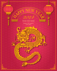 Happy Chinese new year of dragon relief lantern and ribbon tag