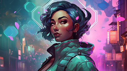 Fototapeta premium A woman with blue hair standing in front of a neon cyberpunk style background