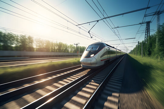 High speed train on the railway track with motion blur background, Commercial transportation, modern passenger train