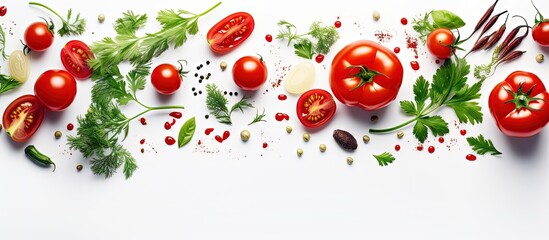Tomato with seasonings on white background seen from above with copyspace for text - obrazy, fototapety, plakaty