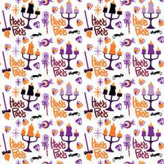 Halloween candy and others halloween attributions. Childish print. Seamless pattern.