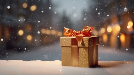Gold-wrapped Christmas gift against a snowy backdrop
