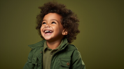 african american toddler in green clothes laughing