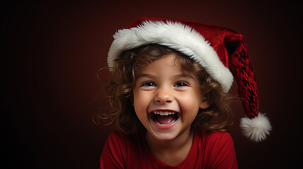 portrait of a toddler in christmas clothes laughing