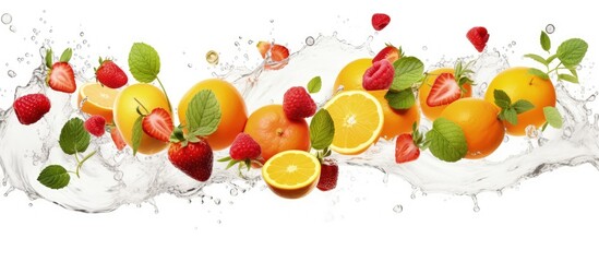 Assorted fresh fruits and mint leaves in motion suitable for banners with copyspace for text