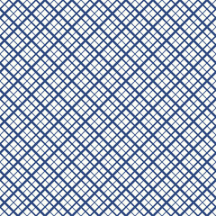 Seamless surface pattern with mini diamond ornament. Blue diagonal stripes grill on white background. Grid motif. Crossed lines wallpaper. Checkered image. Digital paper for print. Rhombuses vector.
