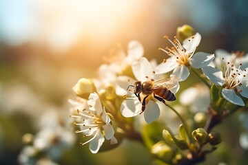 Honey bee collecting nectar from white flowers of a blossoming tree. Nature background. Spring