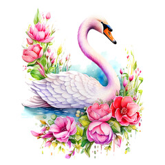 Swan surrounded by flowers watercolor paint 