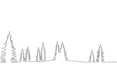 Landscape with pine trees one line continuous. Line art fir trees silhouette. Outline concept banner for winter. Vector illustraiton. © clelia-clelia