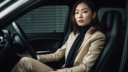Fototapeta na wymiar Successful asian woman in a business suit sitting in luxurious leather car interior.
