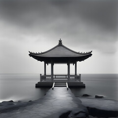 A black and white photo of a pagoda gazebo