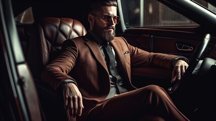 Successful man in a business suit sitting in luxurious leather car interior.