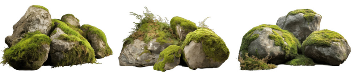 Large rocks with overgrown foliage and moss, plants and foliage around, green nature, isolated on transparent background generative ai - obrazy, fototapety, plakaty