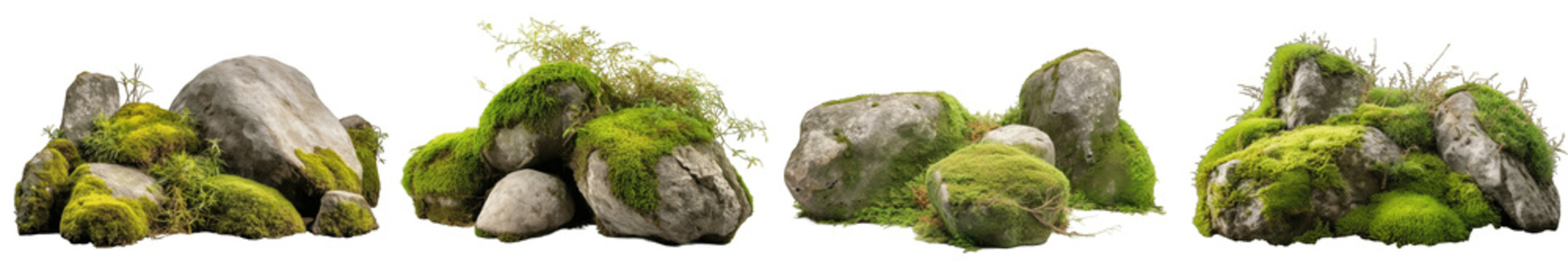 Large rocks with overgrown foliage and moss, plants and foliage around, green nature, isolated on transparent background generative ai