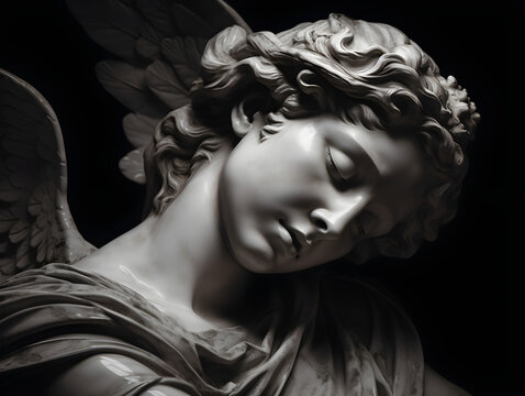 A statue of an angel with its eyes closed