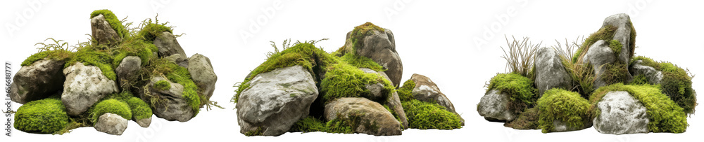 Wall mural large rocks with overgrown foliage and moss, plants and foliage around, green nature, isolated on tr