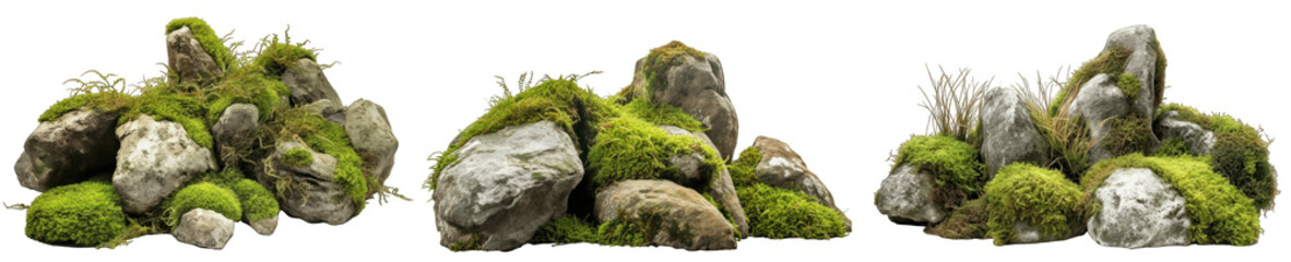 Large rocks with overgrown foliage and moss, plants and foliage around, green nature, isolated on transparent background generative ai - Powered by Adobe